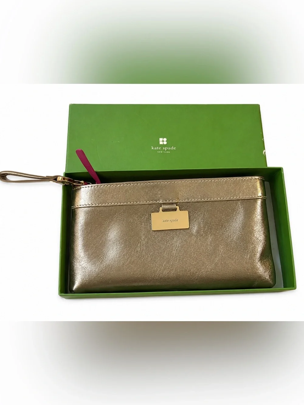 Kate Spade Gold Metallic Leather Wristlet Clutch Pink Polka Dot Interior w/ Box - Picture 3 of 8